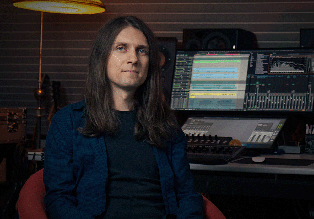 Inside Fuzz Cube Studio — mixing console and monitors